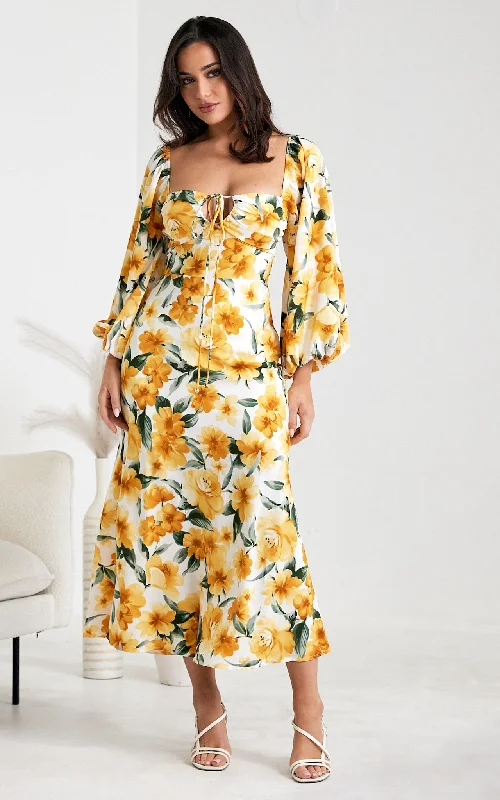 Maxi Dress For Elegant Dinner -Becca Maxi Dress - Yellow Floral