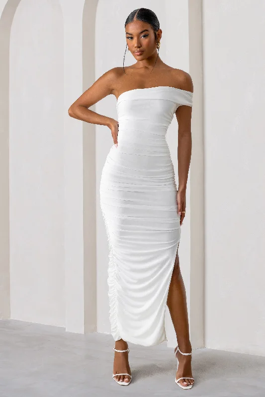 Maxi Dress With Belt -Celine | White Asymmetric One Shoulder Ruched Maxi Dress With Curved Cut Out