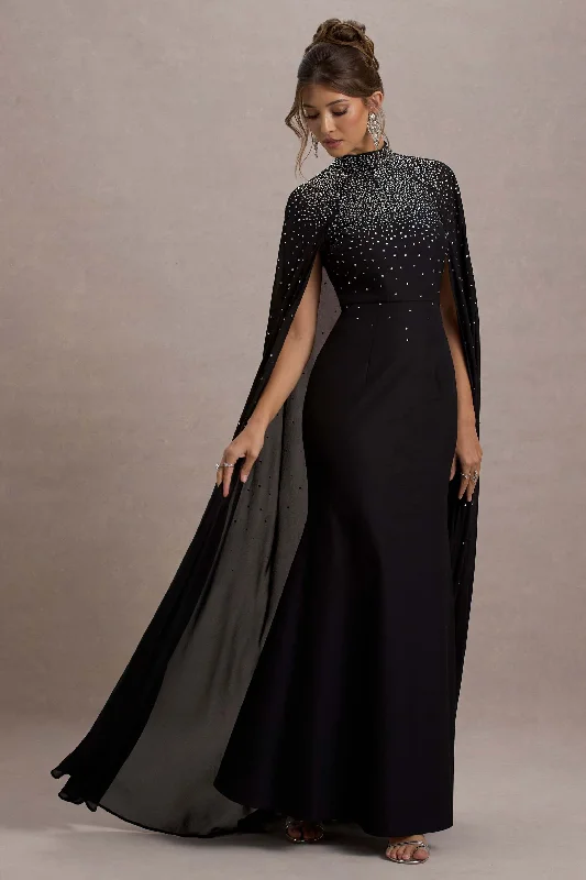 Maxi Dress For Beach Wedding -The Shallows | Black Embellished High-Neck Maxi Dress With Chiffon Cape