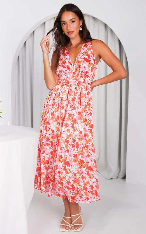 Maxi Dress With Lace Up Back -Monique Sleeveless Maxi Dress - Pink Multi Floral