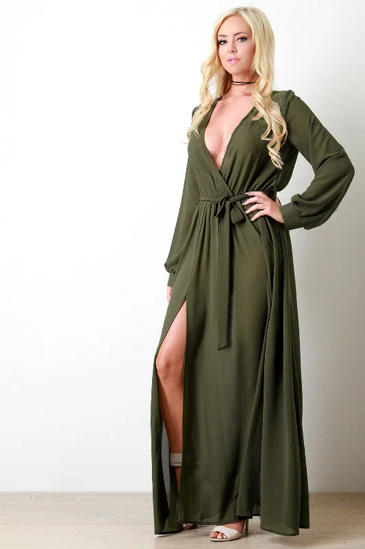 Maxi Dress With Cowl Neck -Chiffon Surplice Wrap Front Slit Maxi Dress