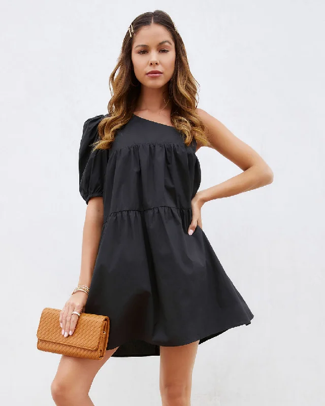 Polka dot chiffon sweet mini dress-Washington Cotton One Shoulder Pocketed Mini Dress