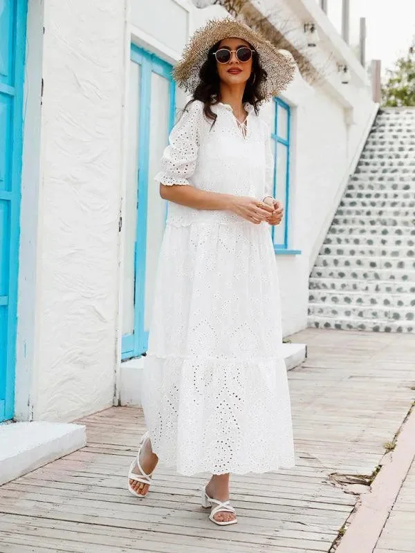 White Maxi Dress -Puff Sleeve Cotton Maxi Dress