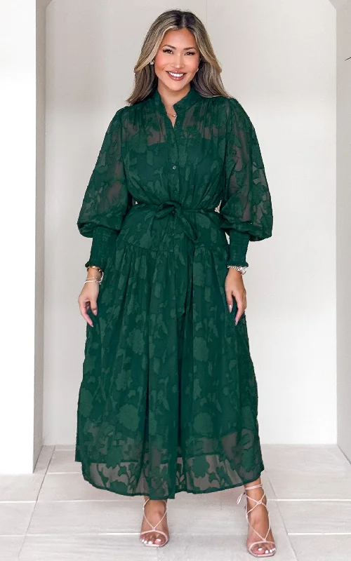 Maxi Dress With Sleeves -Paula Maxi Dress - Green Emerald Floral Texture