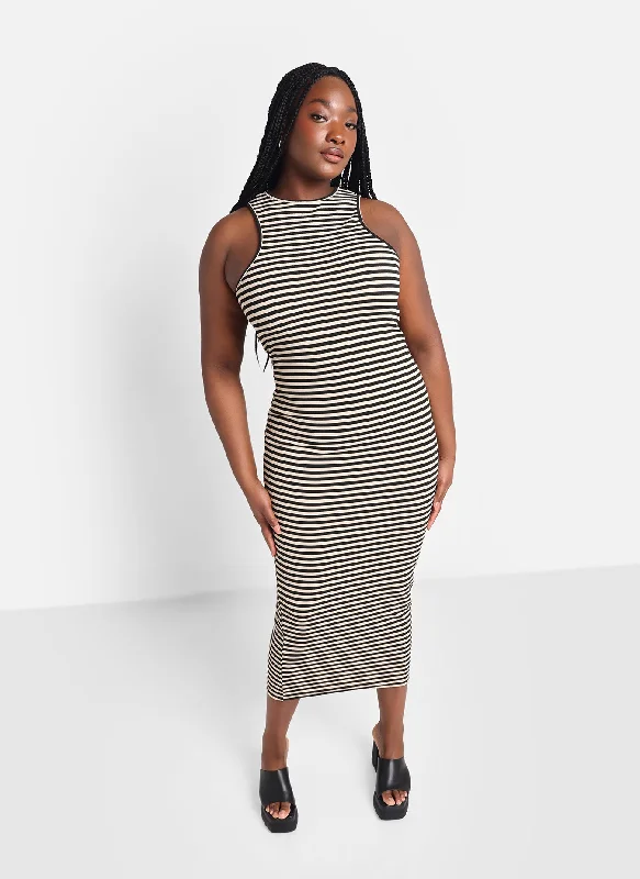 Maxi Dress For Office -Jenna Striped Maxi Bodycon Dress - Tan & Black