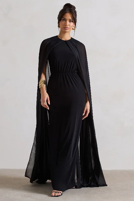 Casual Maxi Dress -Envy | Black Gathered Maxi Dress With Chiffon Cape