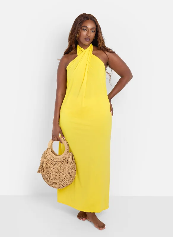 Maxi Dress With Sweetheart Neckline -Beach Stroll Halter Slip Maxi Dress - Yellow