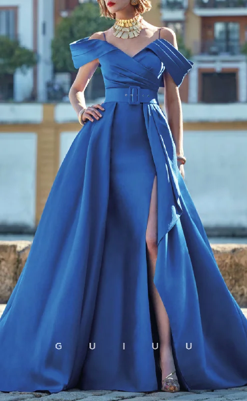 Cocktail dress with glitter -GM284 - A-Line Off Shoulder Sleeveless Pleated Long Cocktail Dress with Slit and Belt