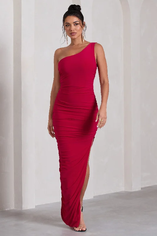 Maxi Dress For Evening Out -Persia | Red One Shoulder Side Split Ruched Maxi Dress