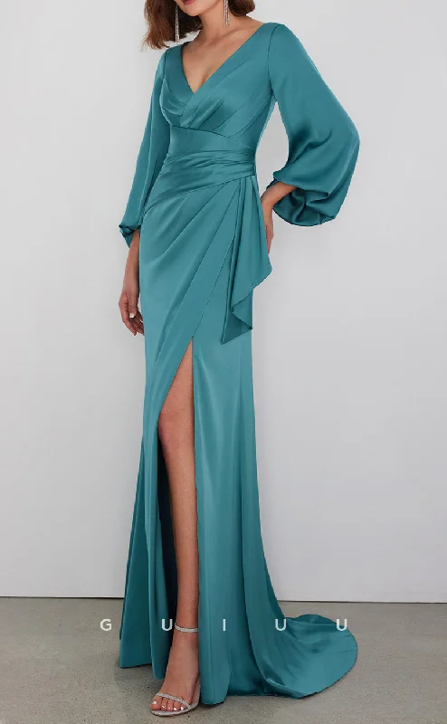 Cocktail dress for bridesmaids -GM213 -  Sheath V Neck Long Sleeves Pleated Cocktail Dress with High Side Slit ande Train