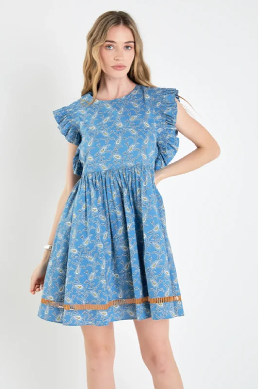 Flattering A-line mini dress for petite women-Miranda Paisley Print Ruffle Sleeve Mini Dress