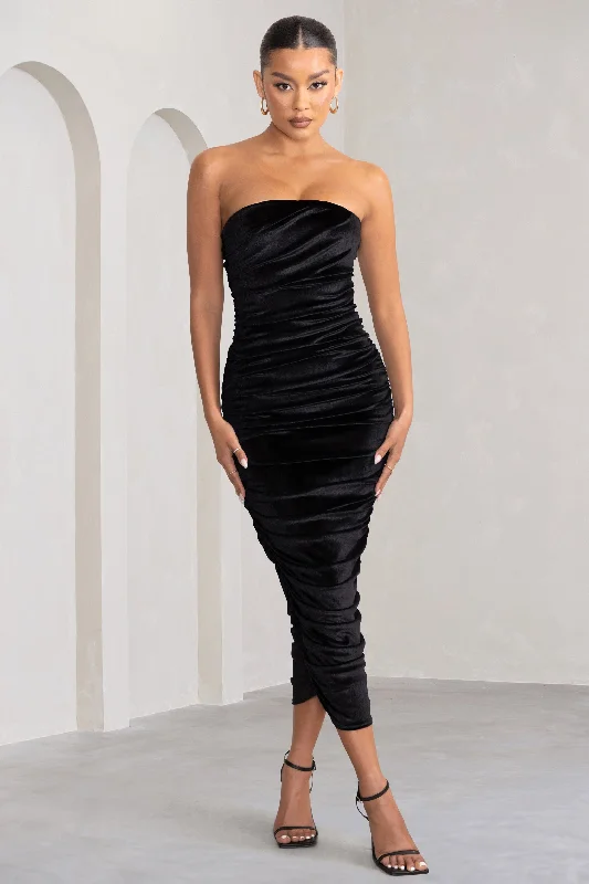 Black Maxi Dress -My Lady | Black Velvet Strapless Bodycon Ruched Mesh Maxi Dress