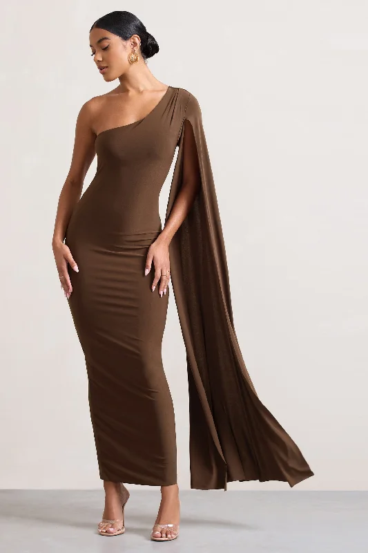 Black Maxi Dress -Dominique | Chocolate Brown One Shoulder Cape Sleeve Bodycon Maxi Dress