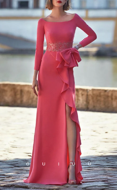 Cocktail dress with sheer details -GM258 - Sheath Scoop Neck Long Sleeves Ruffles Long Cocktail Dress with Slit