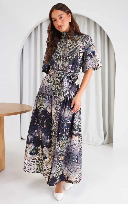 Maxi Dress For Elegant Dinner -Sahara Night Sky Short Sleeve Maxi Dress -  Black Multi Print