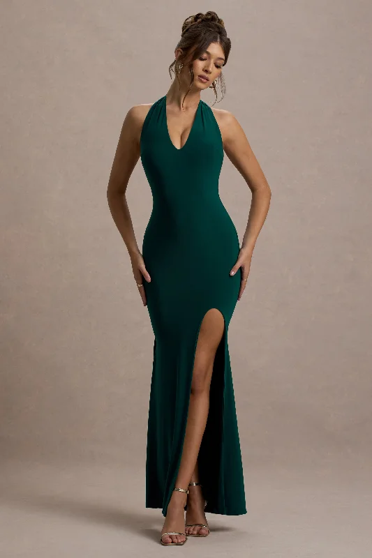 Sleeveless Maxi Dress -Glamour | Bottle Green Backless V Plunge Halter Neck Maxi Dress With Side Split