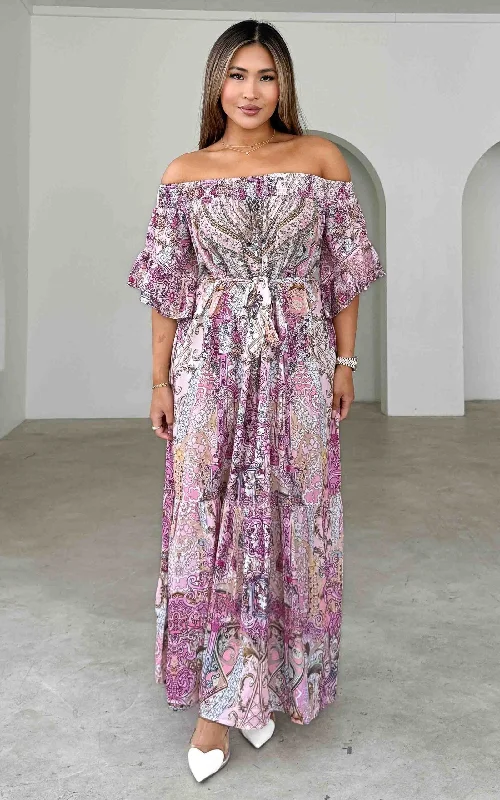 Maxi Dress For Resort Wear -Gamela Gem Embellished Maxi Dress - Pink Multi Print