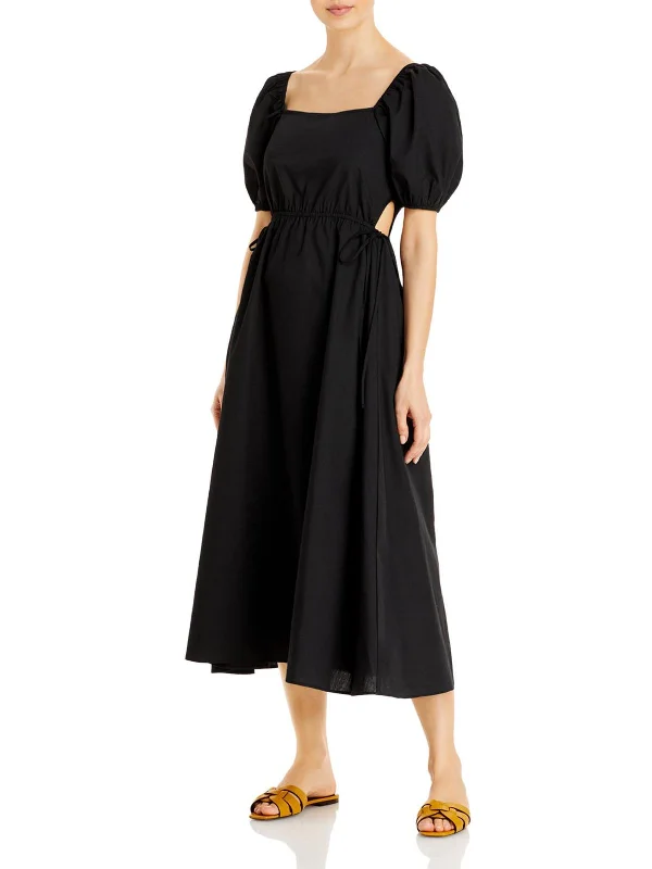 Midi Dress For Women -Womens Cut Out Puff Sleeves Midi Dress