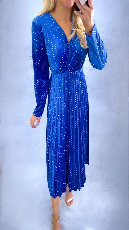 Cocktail dress for luxurious occasion -A2087BB Blue Dotty Velvet Pleat Dress