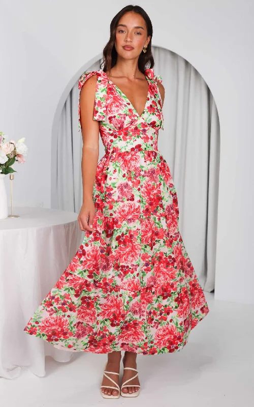 Maxi Dress With Back Tie -Aretha Maxi Dress - Pink Red Floral