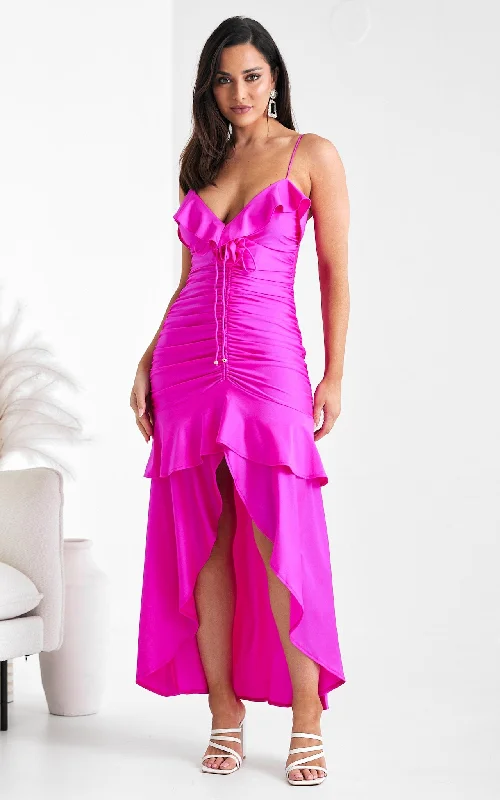 Maxi Dress With Tied Waist -Nora Maxi Dress - Fuchsia Pink