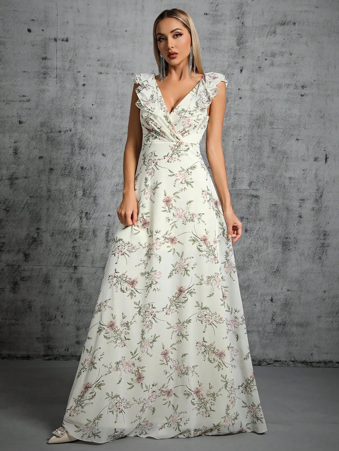 Maxi Dress With Back Tie -Floral Printed Chiffon Pleating Ruffles Maxi Party Dress