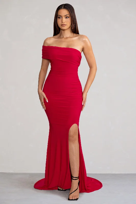 Maxi Dress For Tea Party -Forever & Always | Red One Shoulder Ruched Fishtail Maxi Dress