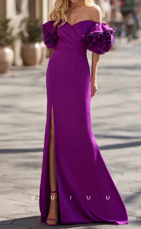 Cocktail dress for black tie event -GM226 -  Sheath Off Shoulder Dark Purple Stain Long Cocktail Dress with High Side Slit