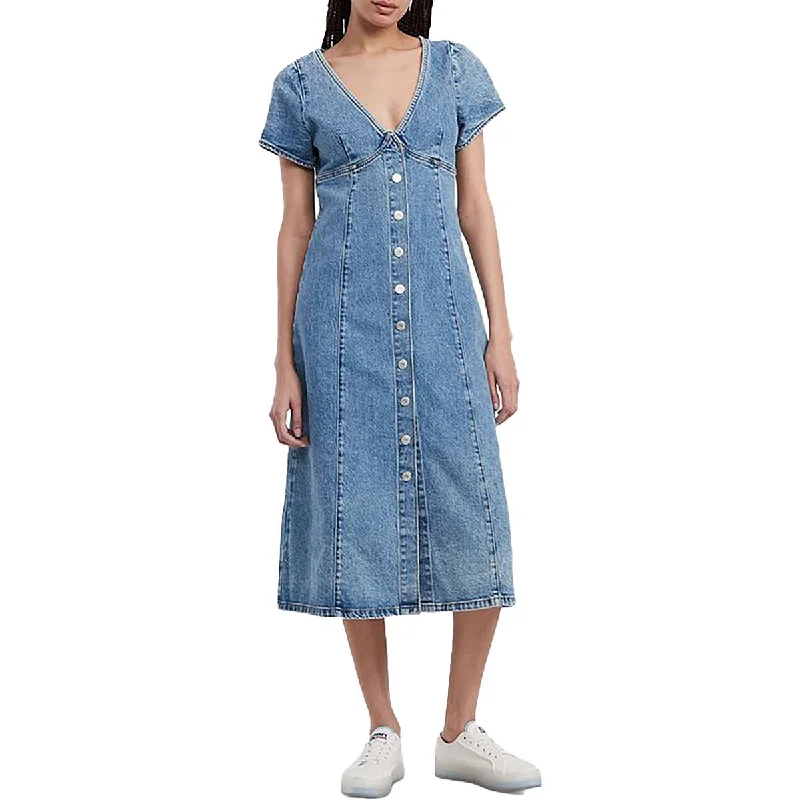 Midi Dress With Tulle -Womens Denim Short Sleeve Midi Dress