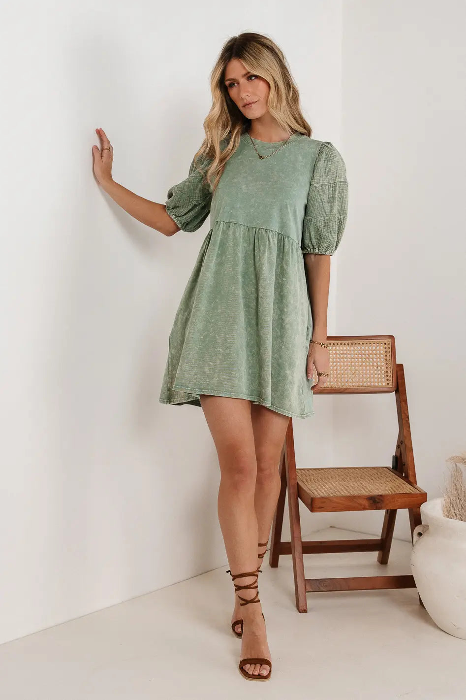 Maternity cotton belly-support mini dress-Andra Mini Dress in Sage