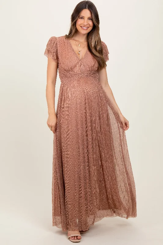 Maxi Dress With Sweetheart Neckline -Gold Metallic Plisse Flutter Sleeve Maternity Maxi Dress