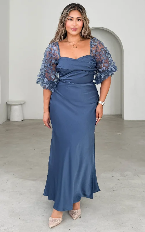 Maxi Dress With Feather Detail -Leana Maxi Dress - Riverside Blue