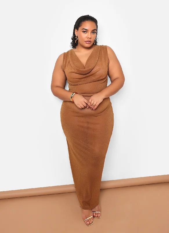 Maxi Dress With Full Skirt -Samira Sheer Glitter Mesh Cowl Neck Maxi Bodycon Dress - Mocha