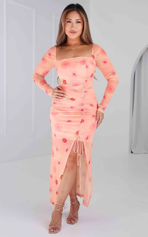 Maxi Dress For Prom -Kaisanna Mesh Maxi Dress - Peach Pink Floral