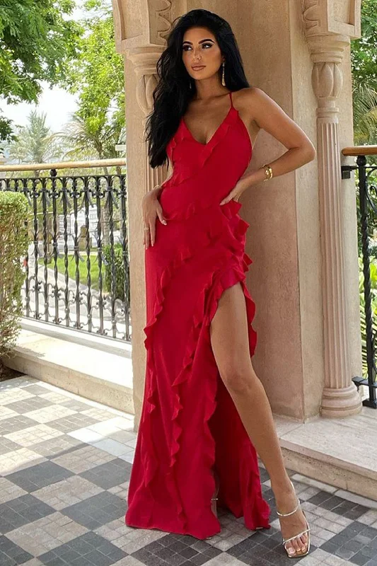 Maxi Dress With Side Pockets -Run The World | Red Plunge Neckline Ruffle Maxi Dress