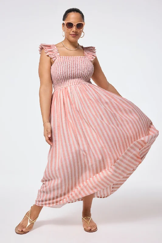 Maxi Dress With Ruffles -Coral with White Stripe Maxi Sundress