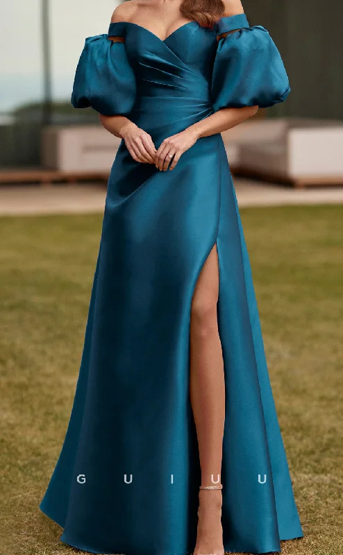 Cocktail dress with tiered details -GM241 - A-Line Off Shoulder Detachable Sleeves Pleated Long Wedding Guest Dress Cocktail Dress