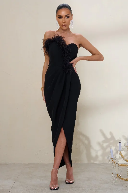 Casual Maxi Dress -High Class | Black Bandeau Thigh Split Maxi Dress With Feather Trim