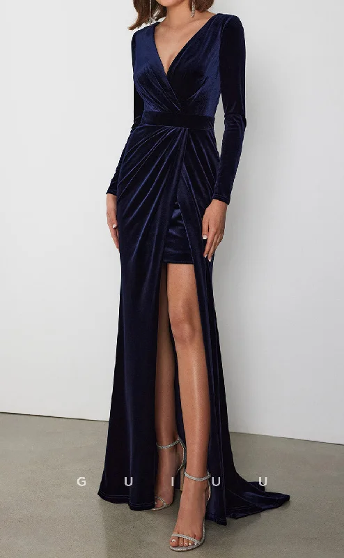 Chic cocktail dress -GM211 - Sheath V Neck Long Sleeves Pleated Velvet Cocktail Dress Wedding Guest Dress with Slit and Train