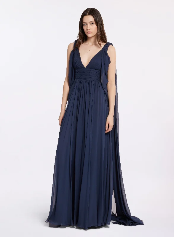 Maxi Dress With Belt -Draped Silk Long Dress