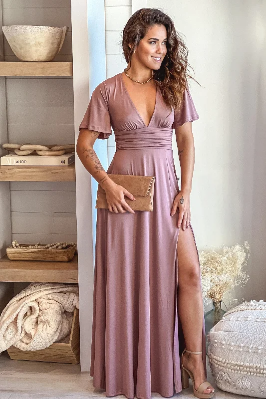 Maxi Dress For Winter Wedding -Blush Maxi Dress With Slit And Short Sleeves