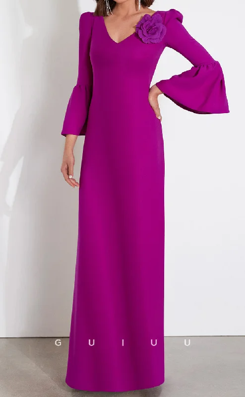 Cocktail dress for cocktail party -GM210 - Sheath V Neck Long Sleeves Cocktail Dress Wedding Guest Dress with Slit and Flower