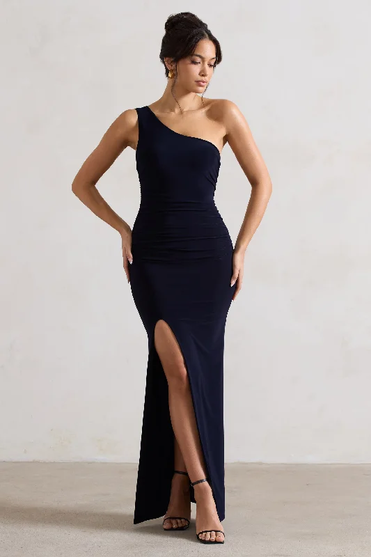 Maxi Dress With Side Slit -Ethereal | Navy One Shoulder Ruched Split Maxi Dress