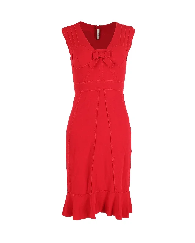 Midi Dress With Fringe -Prada V-neck Bow Midi Dress in Red Acetate