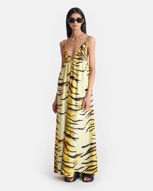 Maxi Dress With Slit -Delphy - Printed Silk Twill Maxi Dress - Tiger