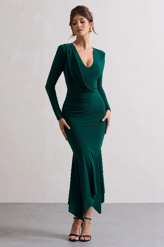 Evening Maxi Dress -Milena | Bottle Green Plunge-Neck Maxi Dress With Draped Hem