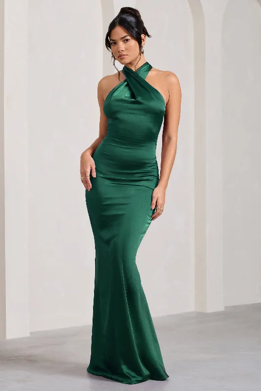 Maxi Dress With Puff Sleeves -Unstoppable | Bottle Green Satin Cross Over Halterneck Maxi Dress