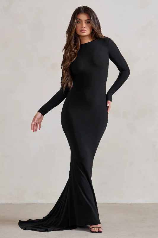 Maxi Dress For Casual Wear -One Step Ahead | Black Long Sleeve Backless Fishtail Maxi Dress