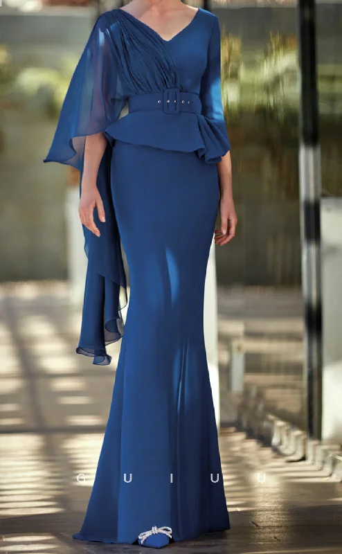 Cocktail dress with puff sleeves -GM276 - Elegant Sheath V Neck Half Sleeves Pleated Ruched Long Cocktail Dress