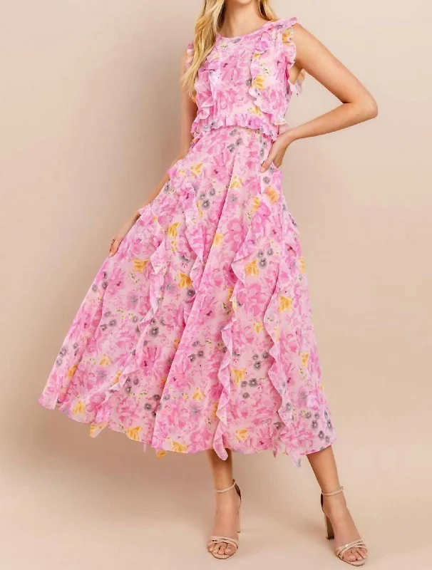 Midi Dress For Lunch Date -Floral Printed Midi Dress In Pink